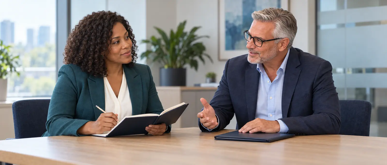 Two professionals in a working discussion
