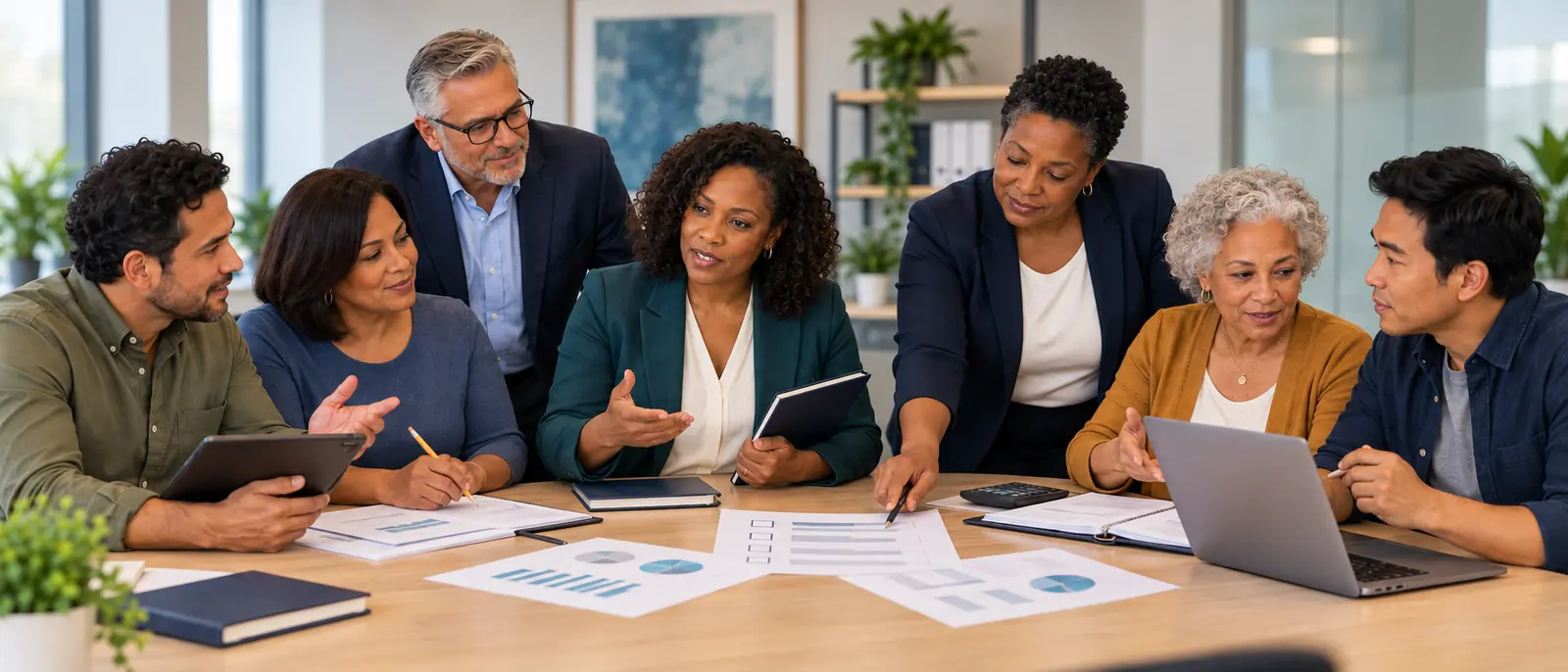A diverse team planning together around a conference table with reports, laptops, and a tablet